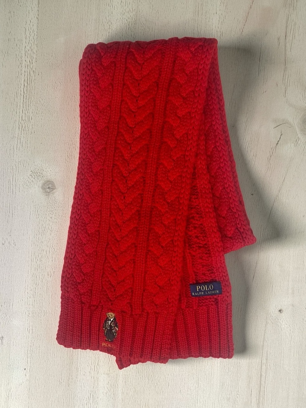 Polo by Ralph Lauren Red Cable Knit Scarf Polo Bear